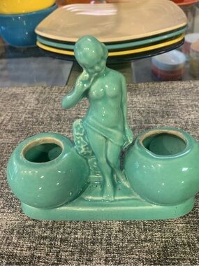 Ultra Rare Art Deco Nude Flapper Double Candlestick Turquoise Pottery Sculpture